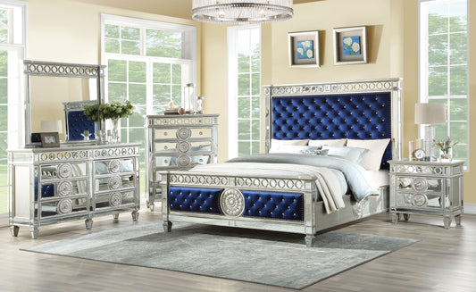 ACME Varian California King Bed, Blue Velvet & Mirrored