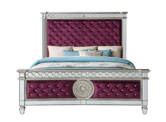 ACME Varian California King Bed• Burgundy Velvet & Mirrored