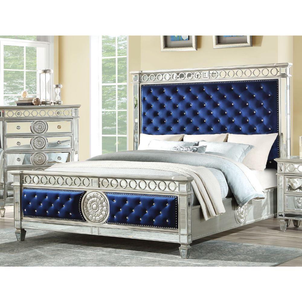 ACME Varian Eastern King Bed, Blue Velvet & Mirrored  26147EK