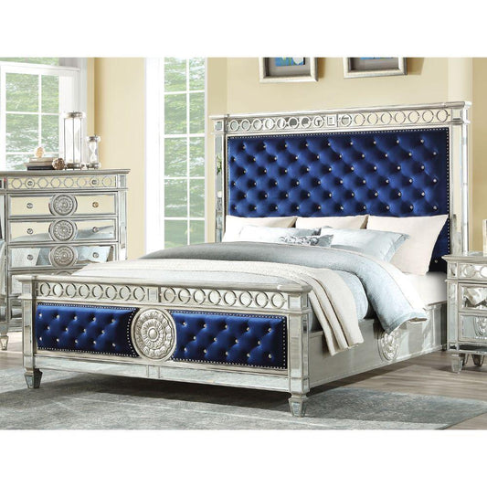 ACME Varian Eastern King Bed, Blue Velvet & Mirrored  26147EK