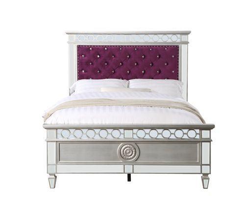 ACME Varian Full Bed, Burgundy Velvet, Silver & Mirrored Finish