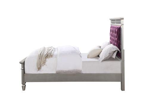 ACME Varian Full Bed, Burgundy Velvet, Silver & Mirrored Finish