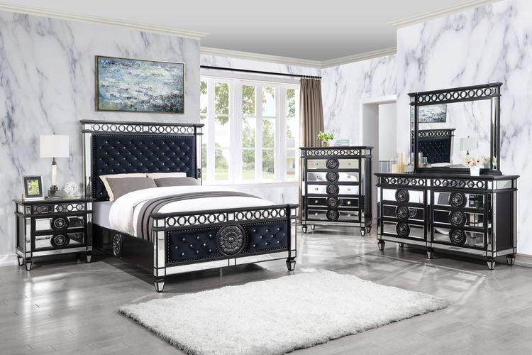 ACME Varian II Eastern King Bed, Black Velvet & BLACK & Sliver FINISH