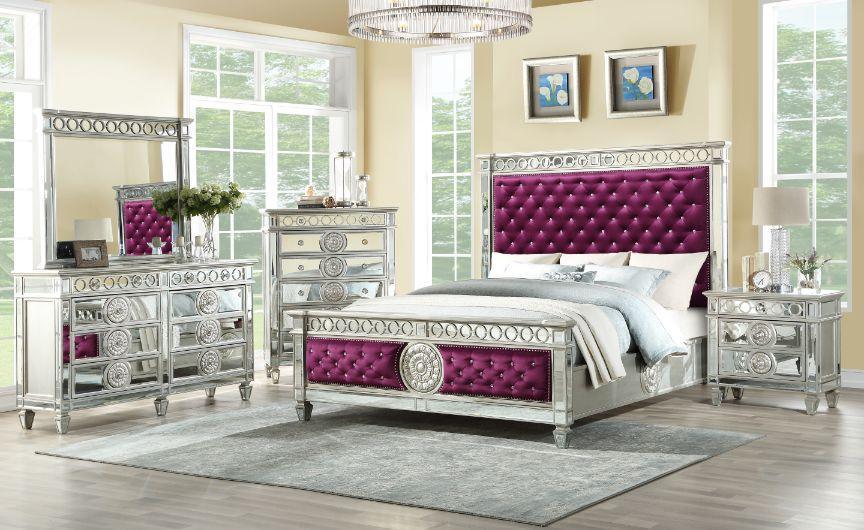 ACME Varian Queen Bed• Burgundy Velvet & Mirrored  27370Q