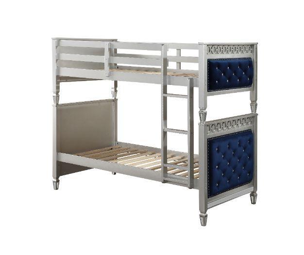 ACME Varian Twin/Twin Bunk Bed, Blue Velvet & Silver Finish