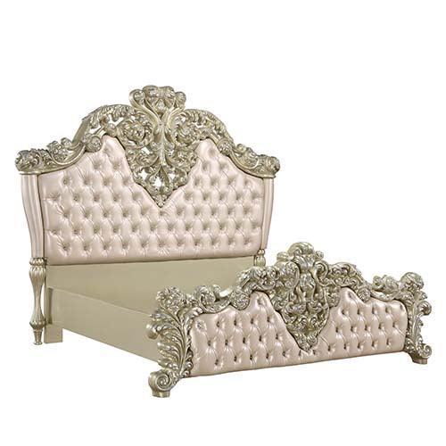 ACME Vatican Eastern King Bed, PU Leather, Light Gold & Champagne Silver Finish