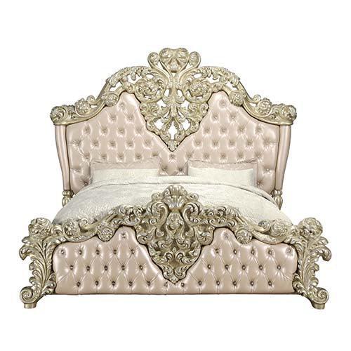 ACME Vatican Eastern King Bed, PU Leather, Light Gold & Champagne Silver Finish