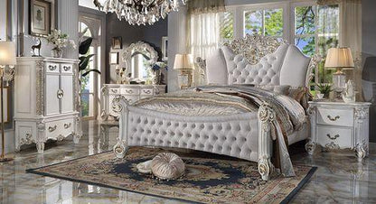 ACME Vendom Eastern King Bed, Two Tone Ivory Fabric & Antique Pearl Finish