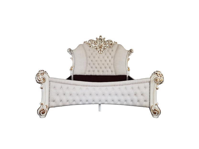 ACME Vendom Eastern King Bed, Two Tone Ivory Fabric & Antique Pearl Finish