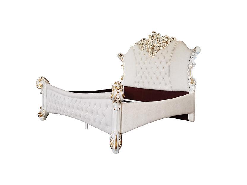 ACME Vendom Eastern King Bed, Two Tone Ivory Fabric & Antique Pearl Finish