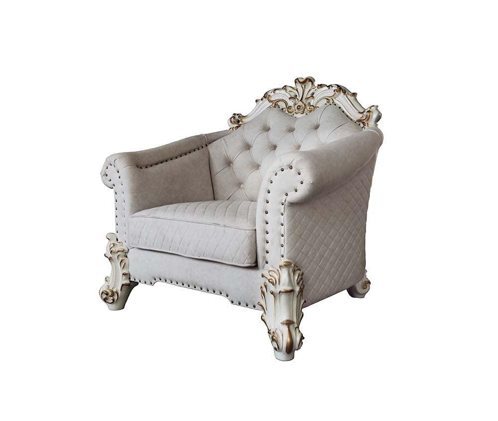 ACME Vendom II Chair w/2 Pillows, Two Tone Ivory Fabric & Antique Pearl Finsih