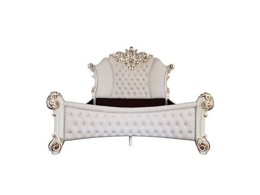 ACME Vendom Queen Bed, Two Tone Ivory Fabric & Antique Pearl Finish