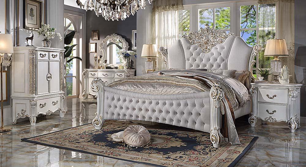 ACME Vendom Queen Bed, Two Tone Ivory Fabric & Antique Pearl Finish