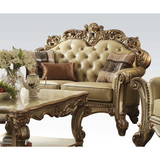 ACME Vendome Loveseat w/3 Pillows, Bone PU & Gold Patina