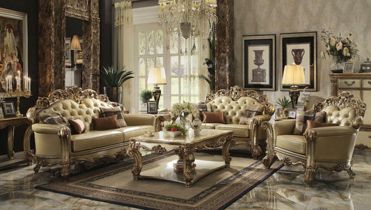 ACME Vendome Sofa w/4 Pillows, Bone PU & Gold Patina