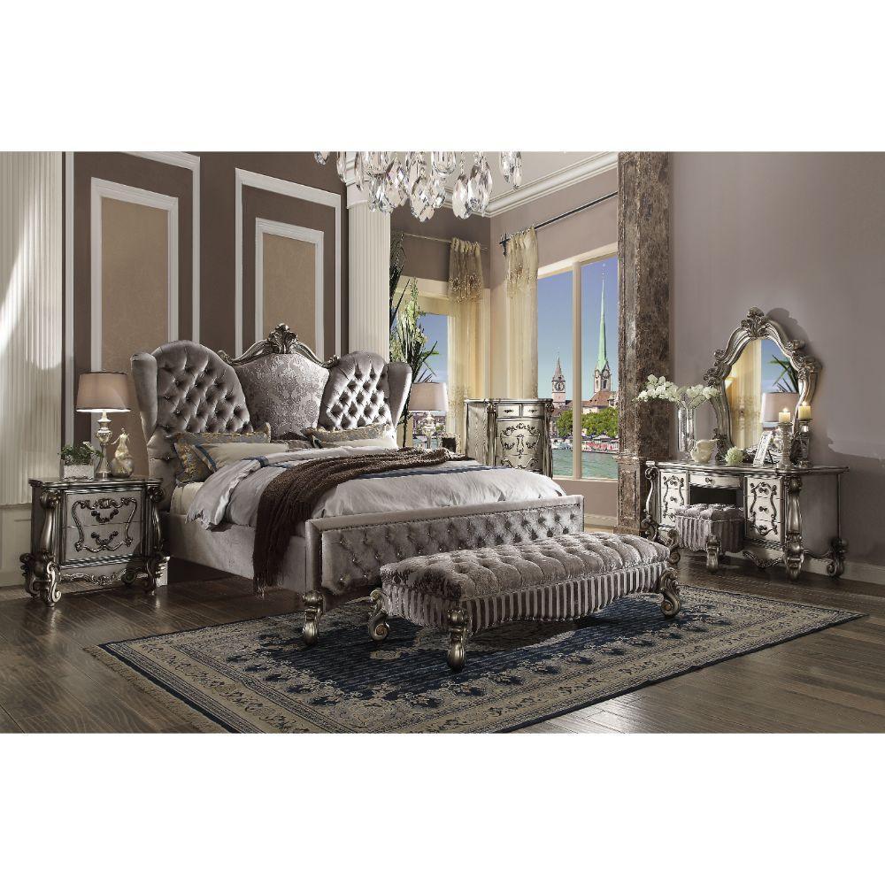 ACME Versailles California King Bed, Velvet & Antique Platinum 26814CK