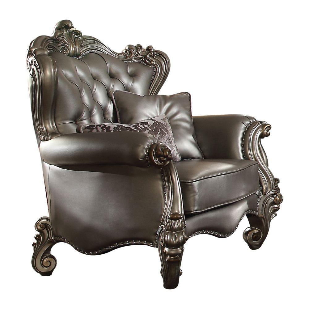 ACME Versailles Chair w/2 Pillows, Silver PU & Antique Platinum