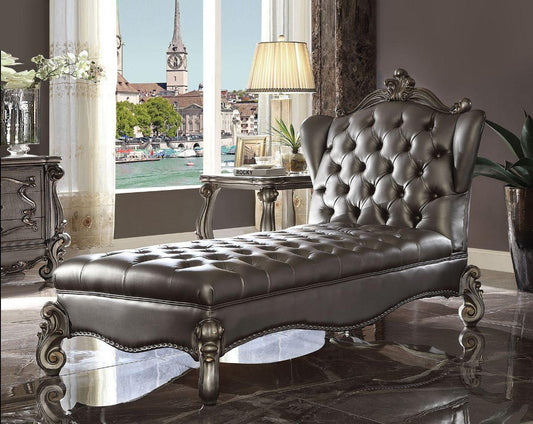 ACME Versailles Chaise Lounge, Silver PU & Antique Platinum