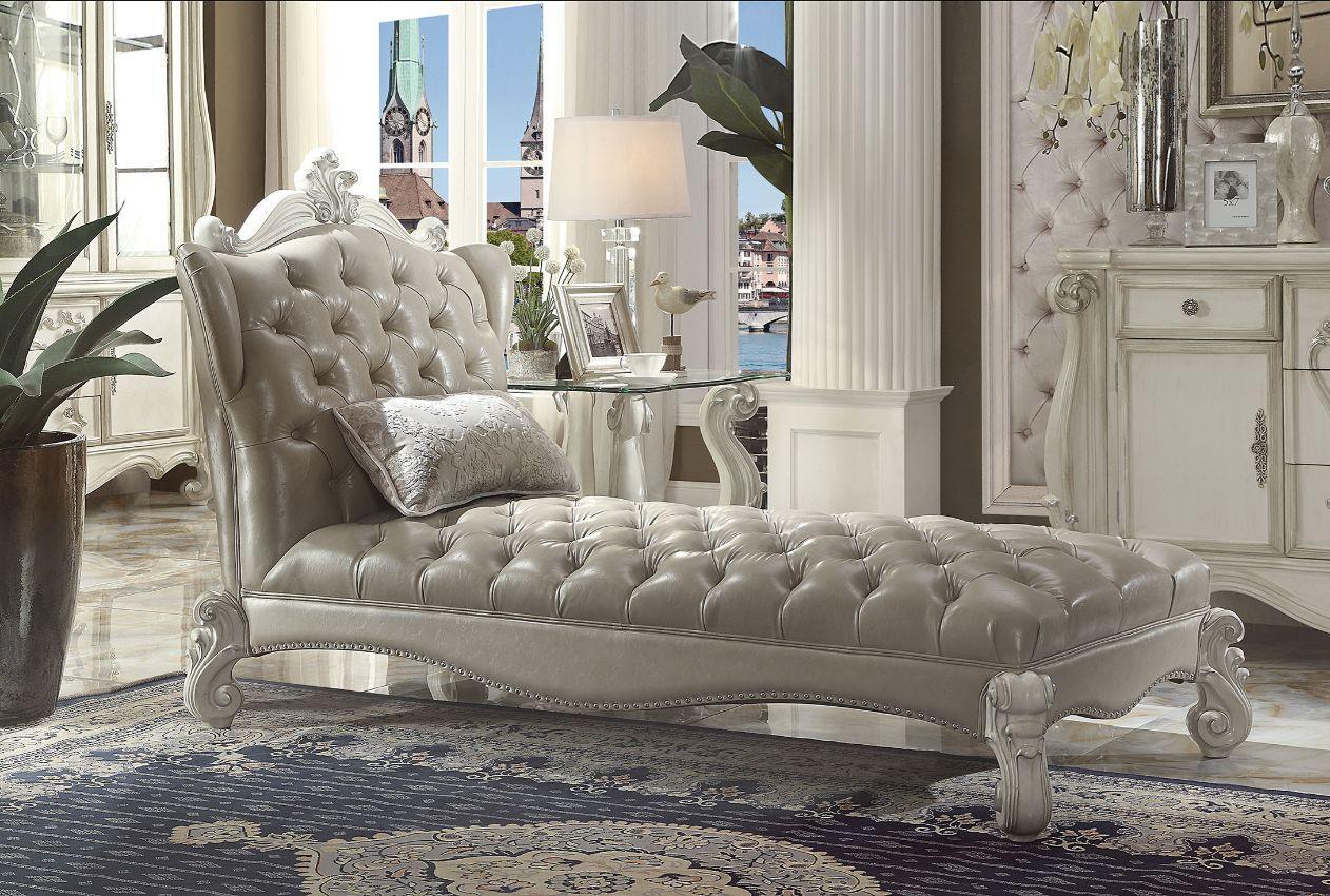 ACME Versailles Chaise w/1 Pillow, Vintage Gray PU & Bone White