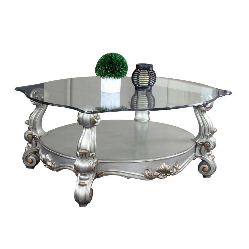 ACME Versailles Coffee Table, Antique Platinum & Clear Glass  86845