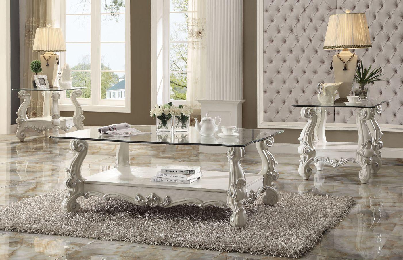 ACME Versailles Coffee Table, Bone White & Clear Glass