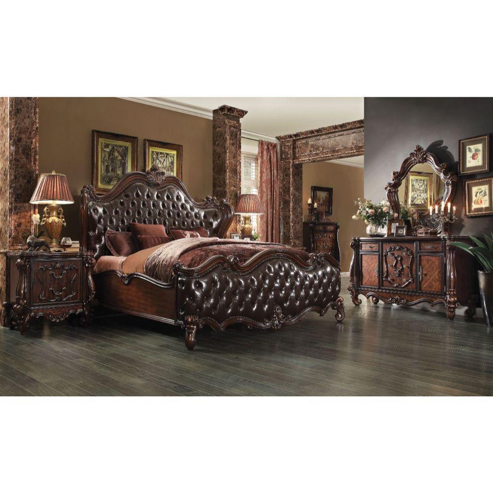 ACME Versailles Eastern King Bed, 2-Tone Dark Brown PU & Cherry Oak  21117EK