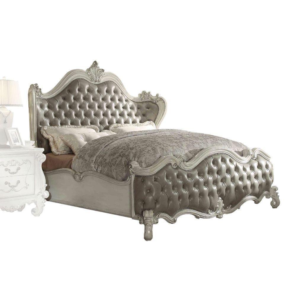 ACME Versailles Eastern King Bed, Vintage Gray PU & Bone White  21147EK