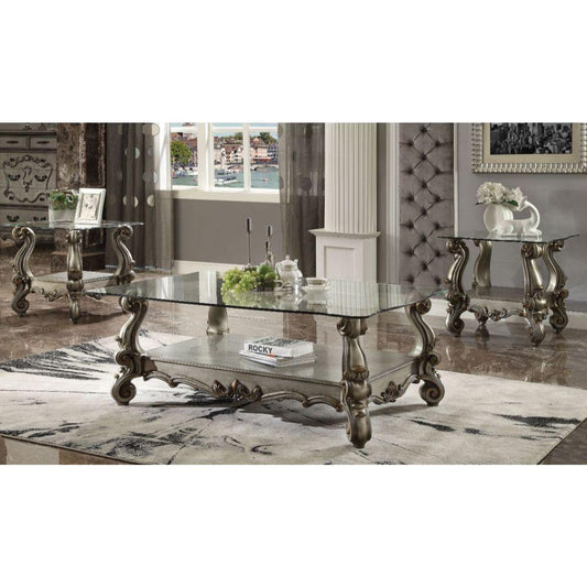 ACME Versailles End Table, Antique Platinum & Clear Glass