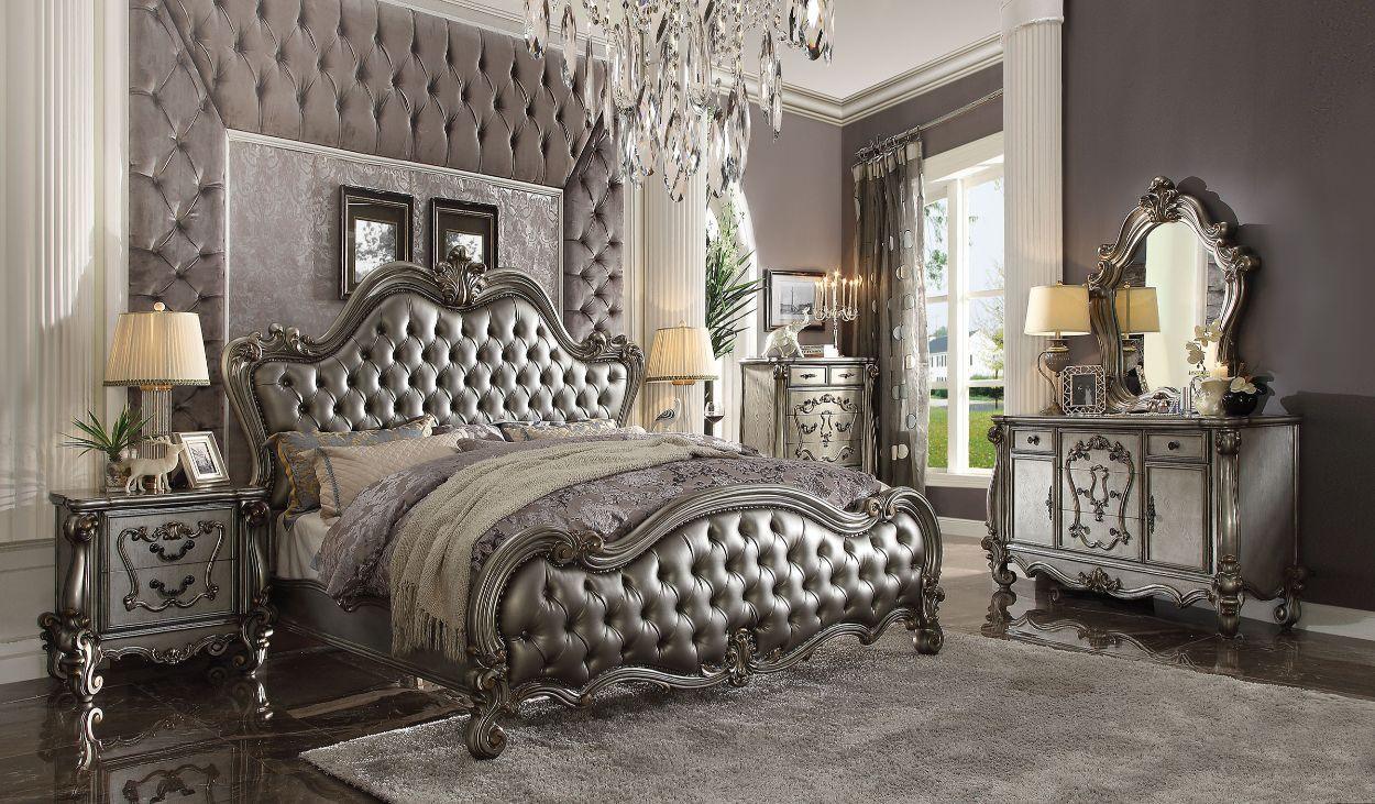 ACME Versailles II Queen Bed, Silver PU & Antique Platinum  26840Q