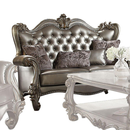 ACME Versailles Loveseat w/4 Pillows, Silver PU & Antique Platinum