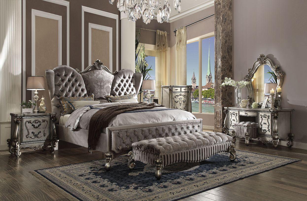 ACME Versailles Queen Bed, Velvet & Antique Platinum 26820Q