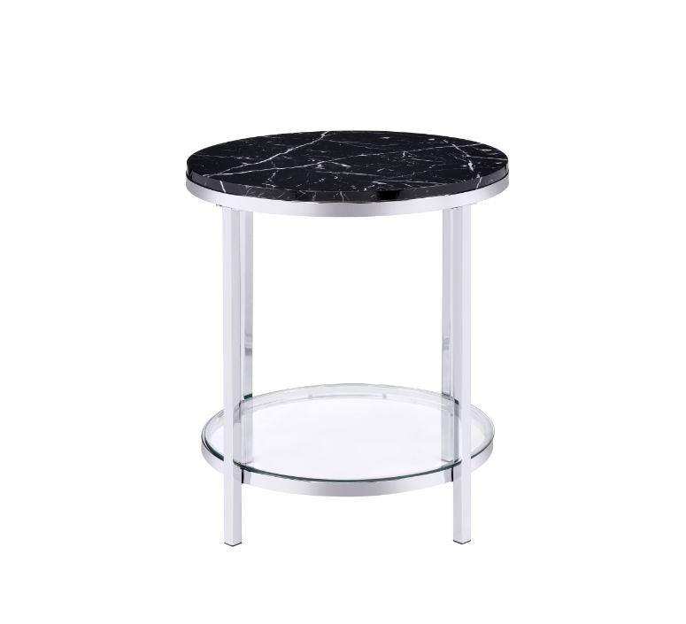 ACME Virlana End Table, Faux Black Marble & Chrome Finish