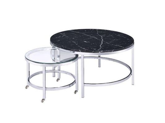 ACME Virlana Nesting Cocktail Table, Clear Glass, Faux Black Marble & Chrome Finish