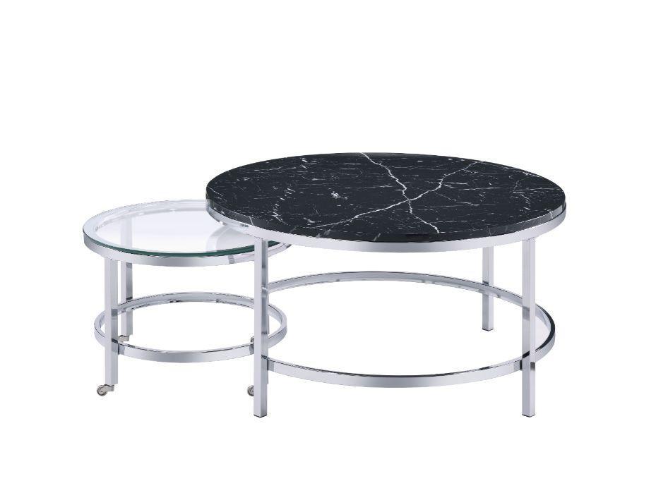 ACME Virlana Nesting Cocktail Table, Clear Glass, Faux Black Marble & Chrome Finish