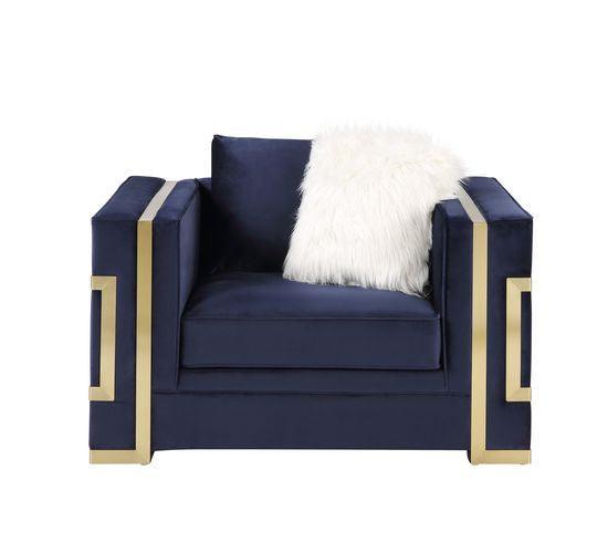 ACME Virrux Chair w/2Pillows, Blue Velvet & Gold Finish