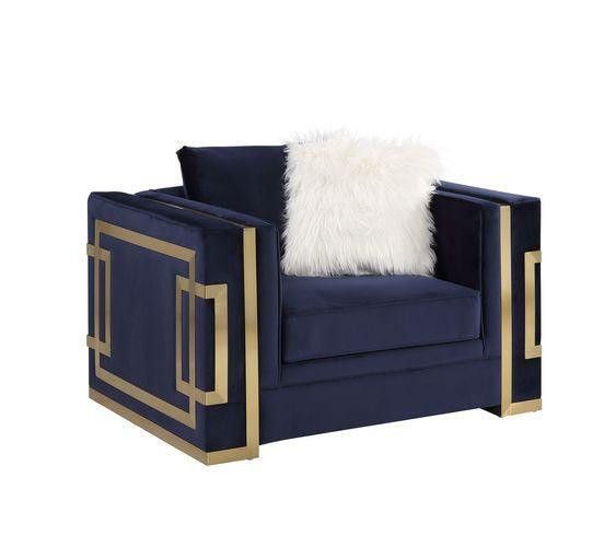 ACME Virrux Chair w/2Pillows, Blue Velvet & Gold Finish