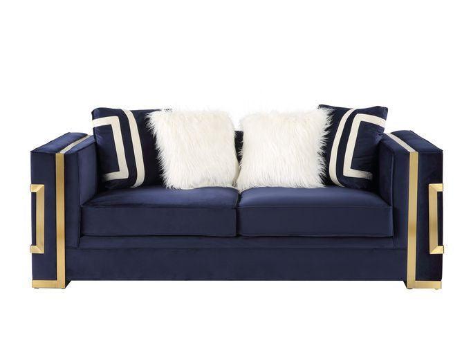 ACME Virrux Loveseat w/4Pillows, Blue Velvet & Gold Finish