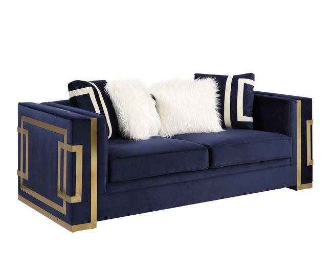 ACME Virrux Loveseat w/4Pillows, Blue Velvet & Gold Finish