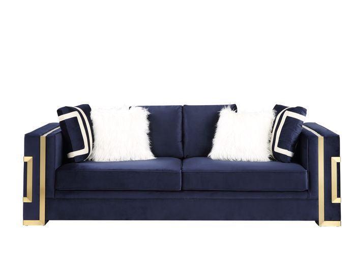 ACME Virrux Sofa w/6Pillows, Blue Velvet & Gold Finish