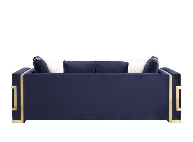 ACME Virrux Sofa w/6Pillows, Blue Velvet & Gold Finish