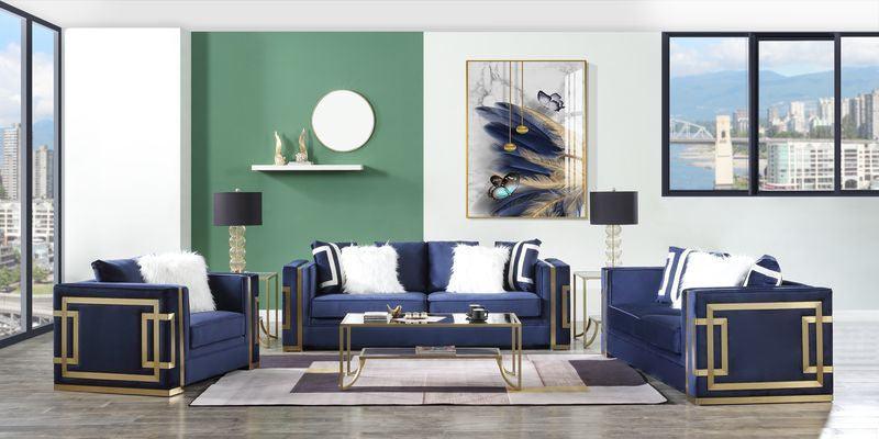 ACME Virrux Sofa w/6Pillows, Blue Velvet & Gold Finish