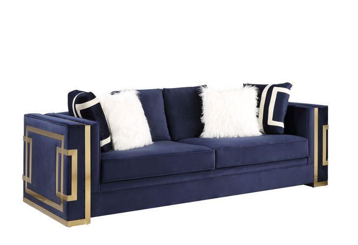 ACME Virrux Sofa w/6Pillows, Blue Velvet & Gold Finish