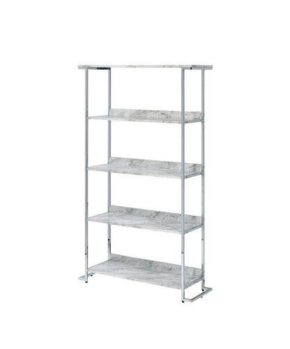 ACME Visage Bookcase, White Printed Faux Marble & Chrome