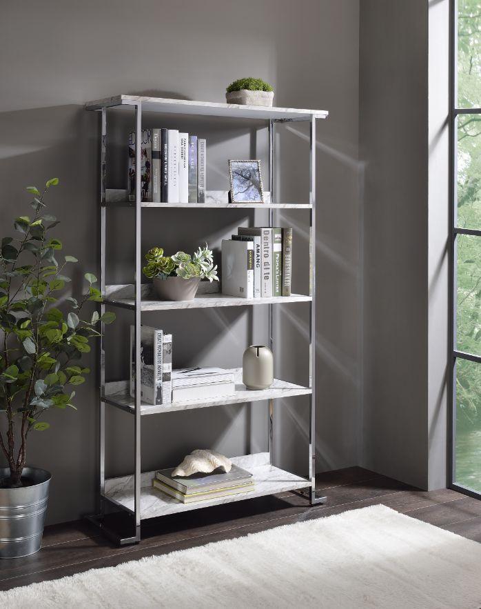 ACME Visage Bookcase, White Printed Faux Marble & Chrome