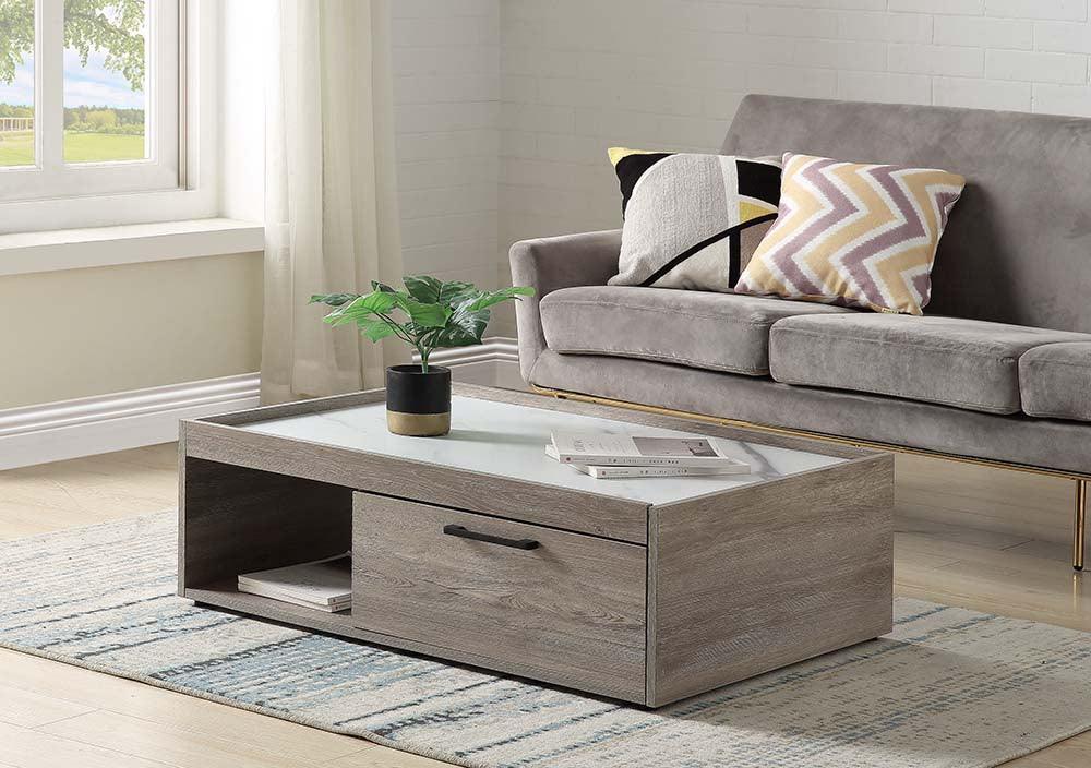 ACME Walden Coffee Table, Faux Marble Top & Gray Oak Finish