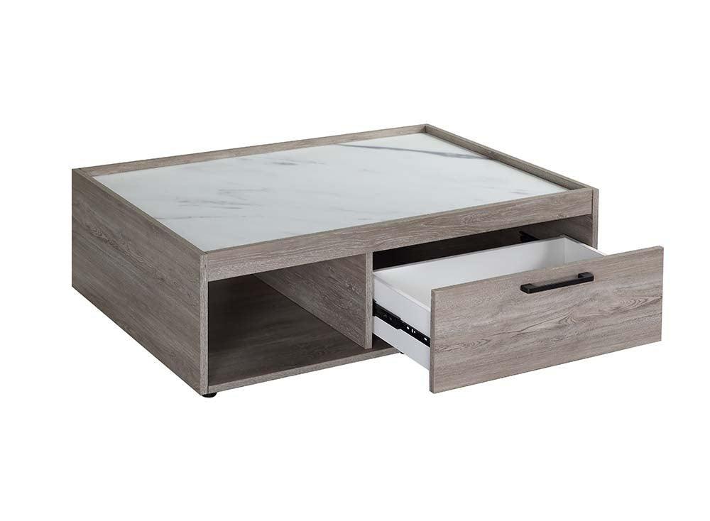 ACME Walden Coffee Table, Faux Marble Top & Gray Oak Finish