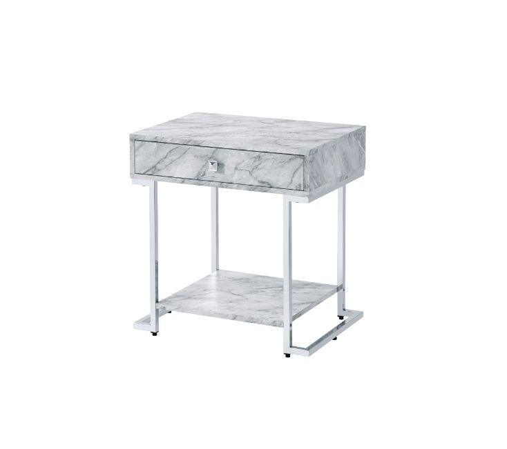 ACME Wither Accent Table, White Printed Faux Marble & Chrome Finish