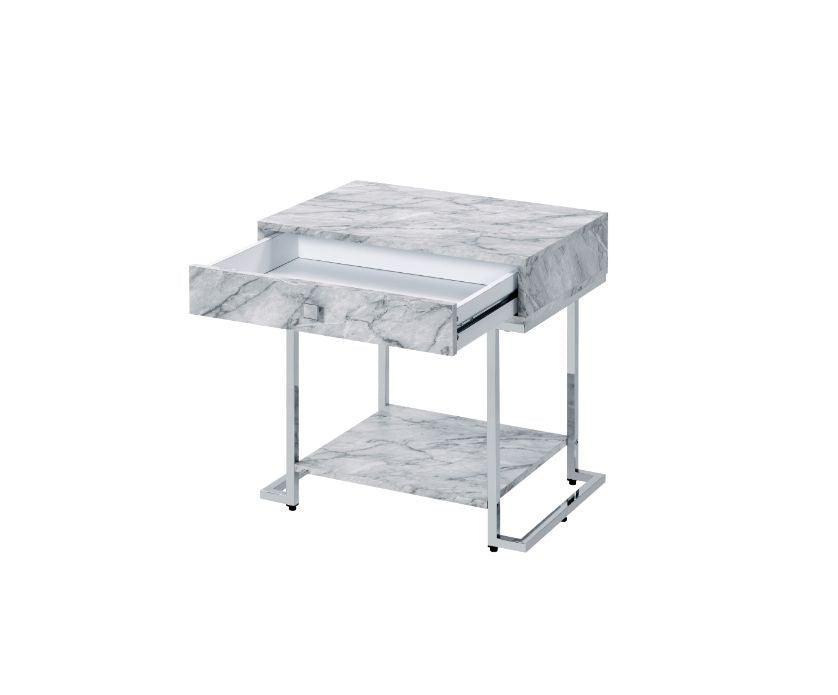 ACME Wither Accent Table, White Printed Faux Marble & Chrome Finish