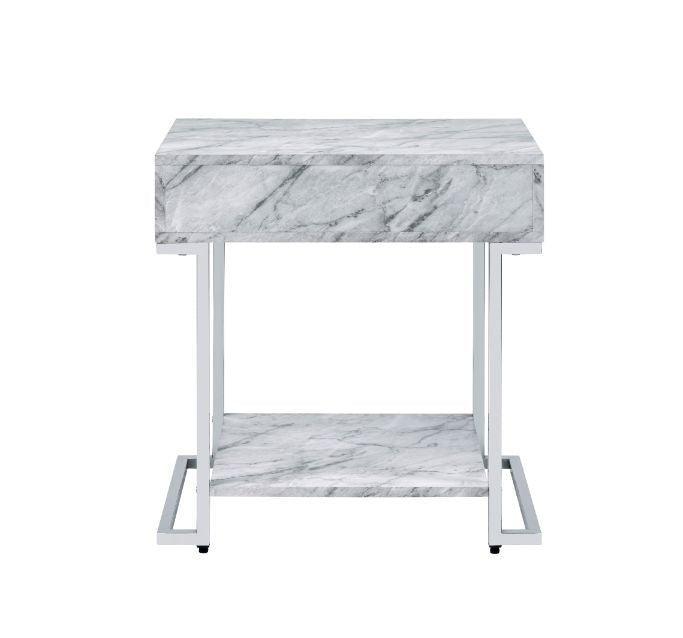 ACME Wither Accent Table, White Printed Faux Marble & Chrome Finish