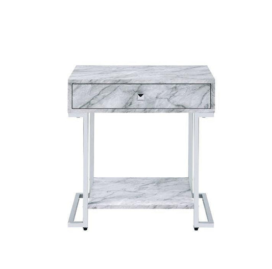 ACME Wither Accent Table, White Printed Faux Marble & Chrome Finish